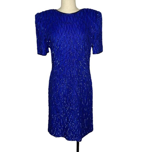 Laurence Kazar Silk Sequin Beaded Mini Dress Vintage 1980s Cobalt Blue M GUC - Picture 12 of 13